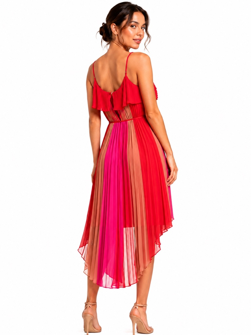 Adelyn Rae Pleated Ombre Colorblock High-Low Chiffon Midi Dress (M)